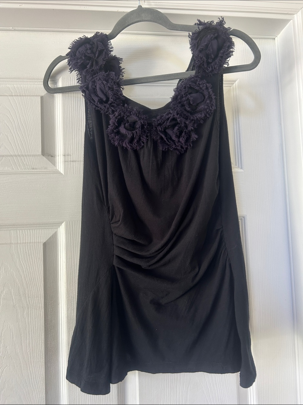 Dark Navy Sleeveless Top with Floral Neckline